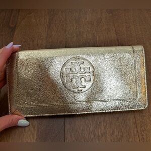 Tory Burch Metallic Gold Leather Clutch / Wallet